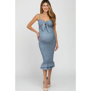Blue Gingham Print Smocked Fitted Self-Tie Maternity Midi Dress