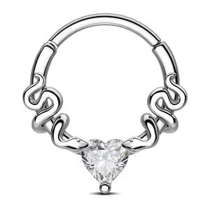 Oufer 16G Perched Snake Clear Heart CZ Septum Ring
