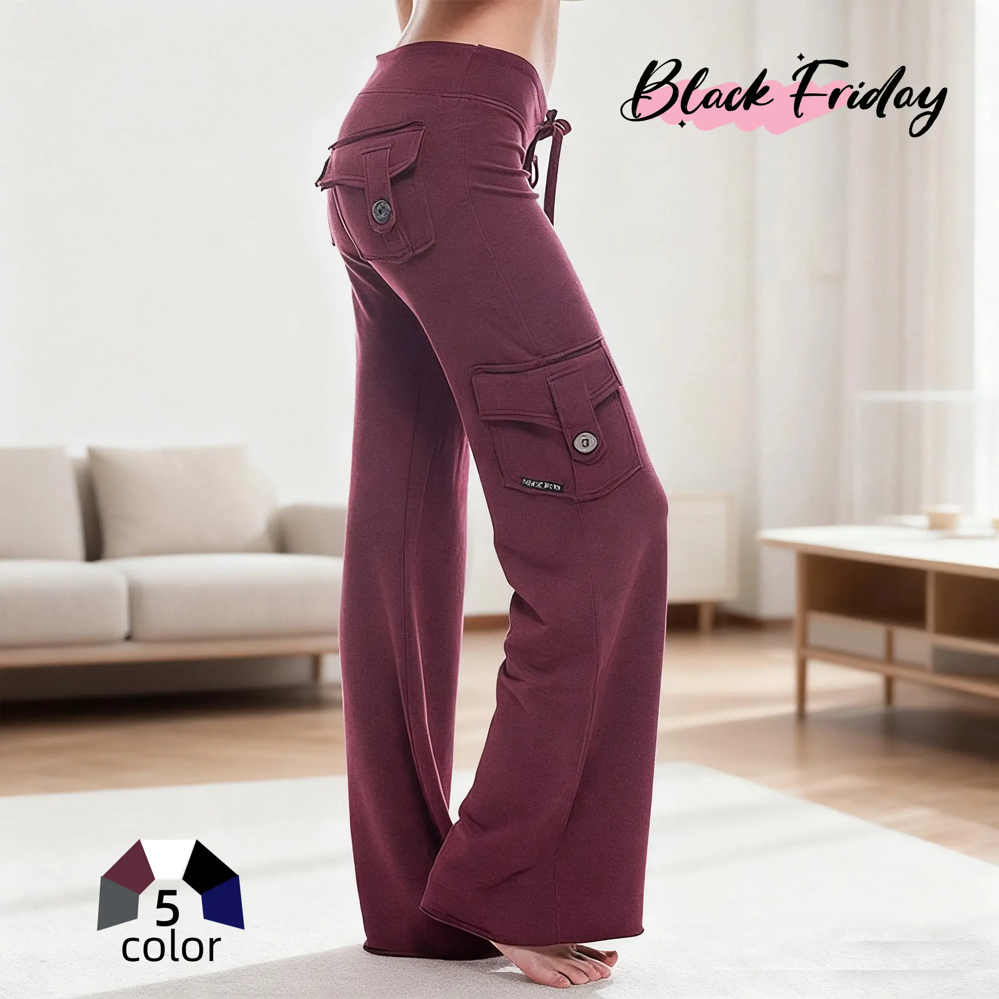 Women's Navy High Waisted Cargo Flare Leggings, Wide Leg Polyester Athletic Bottoms with Pockets & Scrunch for Yoga & Gym Wear, Pants For Women, Workout, Pocket Convenience, Chic, Cute