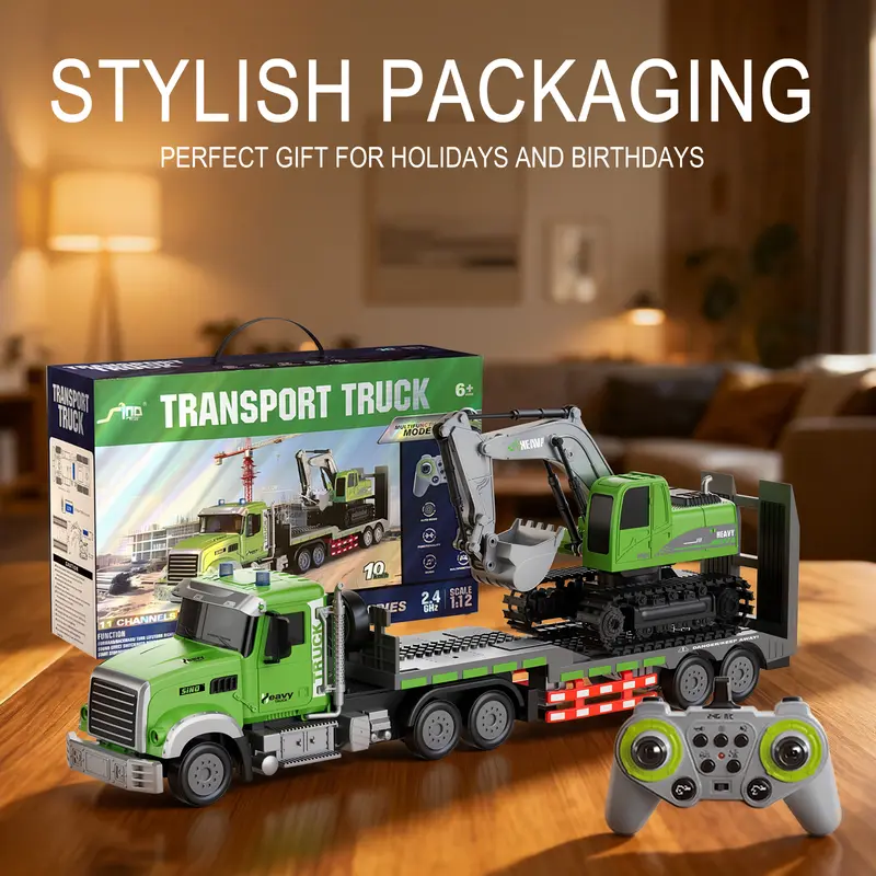 Egofuntoy 1:12 RC Semi Truck & Excavator Backhoe Car Toy Set - ABS Plastic, 2.4GHz 11-Channel Remote Control Vehicle, Removable Rechargeable Flatbed Trailer with Lights & Sound, Auto-Demo Mode, Cool Christmas Gifts for 8-10Y Boys, Kid Stuff for Boys