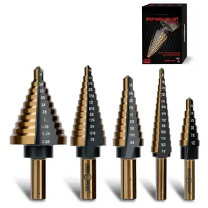 Step Drill Bits, 5 count HSS Titanium Coated Step Drill Bit Set for Plastic, , Copper, Sheet Metal