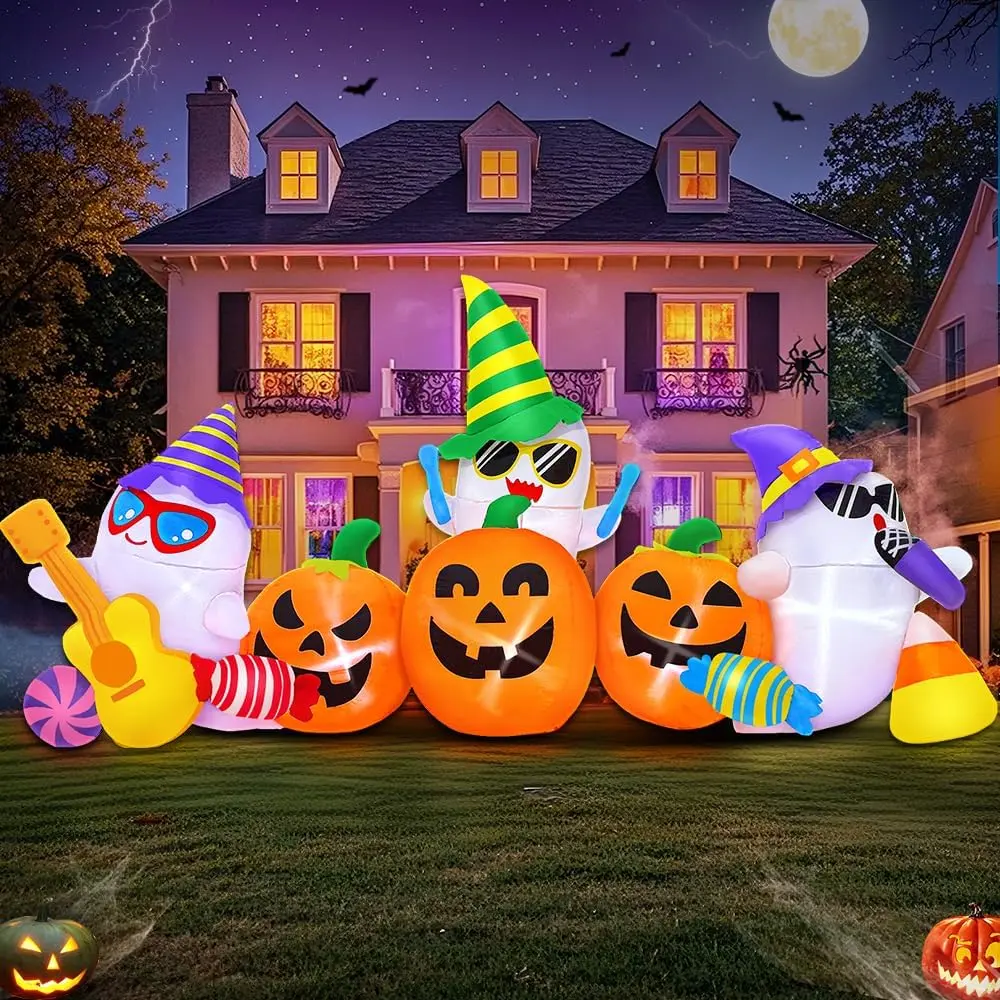 8FT Halloween Inflatable Ghost Pumpkin Band Decor - Outdoor Holiday Decor with LED Lights, Suitable for Garden Lawn Home Festive & Party Supplies