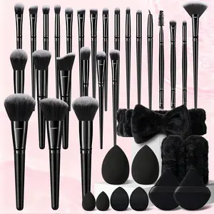 36-Piece Professional Makeup Brush Kit, Cosmetic Tool Collection with 25 Brushes for Foundation, Powder, Blush, Concealer & Eyeshadow, 4 Beauty Sponges, Plus 4 Powder Puffs, Headband, and Wristbands, Travel-Friendly Beauty Tools for Women
