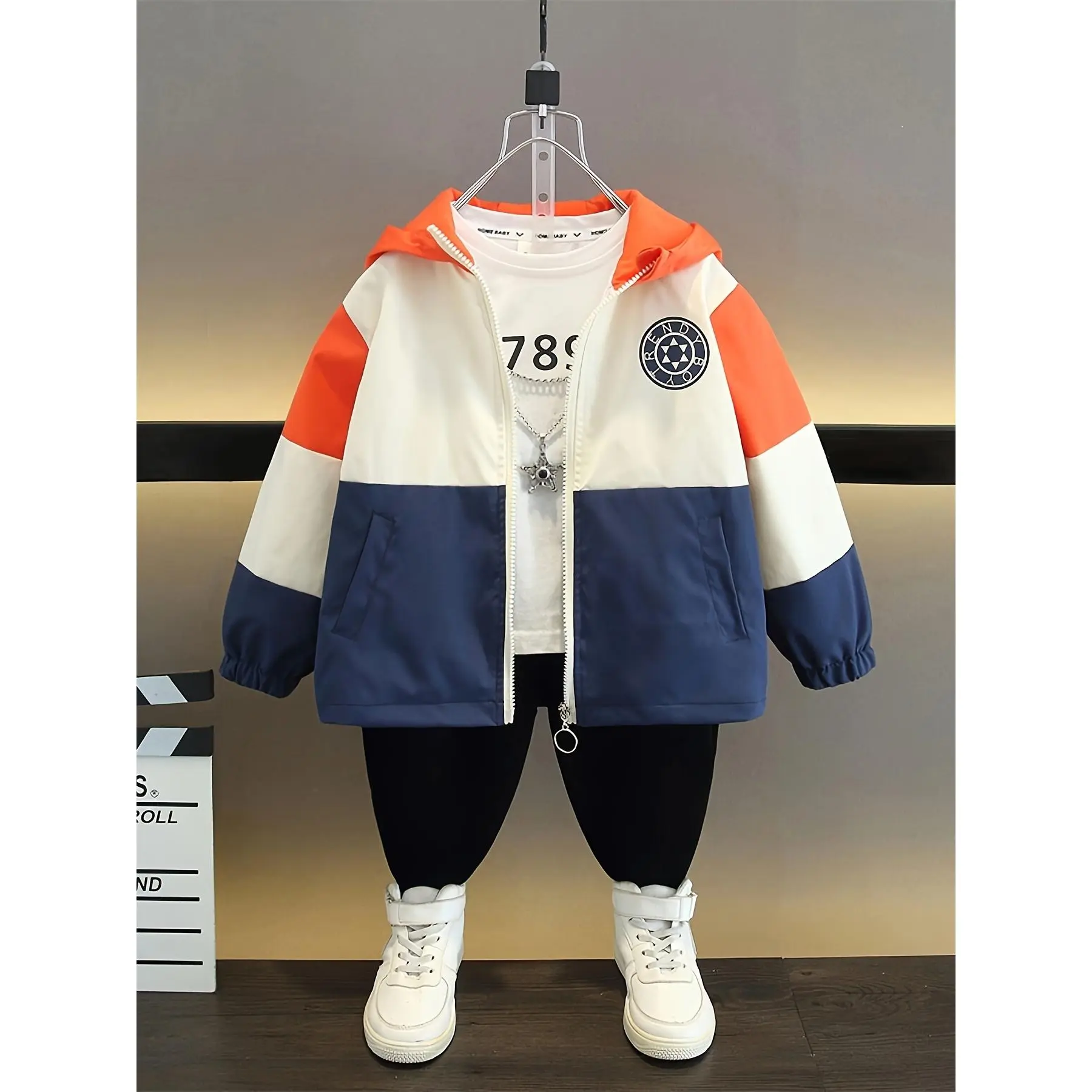 Boys' Trendy Color-Block Hooded Jacket AC2904713 - Casual & Versatile, 100% Polyester, Long Sleeve, Zipper Closure, Machine Washable for Spring/Fall