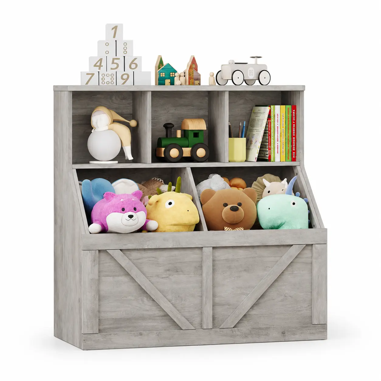 Garvee 35 Inch Kids Toy Storage Organizer and Bookshelf, Freestanding Toy Box Storage Cabinet with 3 Open Cubbies, 2 Large Bin Compartments, Anti-Tip Device, Rounded Corners, Wooden Bookcase for Playroom, Bedroom, Nursery, Daycare, Grey