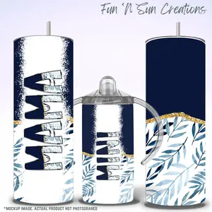 Mama and Mini Sippy Cup Leaf Tumblers - Navy Blue Matching Cups - 20oz Adult or 12oz Kids Sippy Cup with Straw - Modern Mommy and Me Drinkware