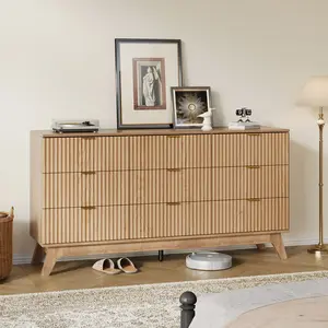 FUSOU 57.1" Fluted Dresser with 9 Drawers, Modern Chest of Drawers with Large Waterproof Top, Wooden Dresser TV Stand, Long Closet Clothes Storage Organizer for Bedroom Living Room, Oak