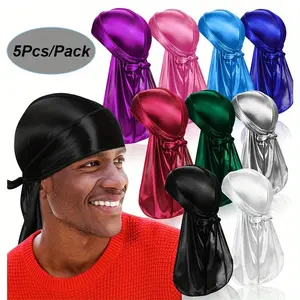 5 Pcs Simulation Silk Solid Color Silk Satin Long Tail Braid Street Personality Comfortable Pirate Hat Elastic Headscarf,Both men and women can use it.