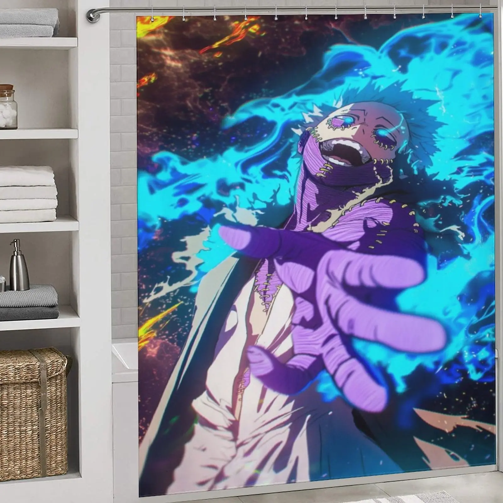 Ryomen Sukuna Blue Flame Villain Shower Curtain - Waterproof Opaque Fabric, Exquisite Anime Art Aesthetic JJK Manga Bathroom Decor, Heat-Resistant Machine Washable Privacy Protection Accessory, Unique Gift for Anime Fans