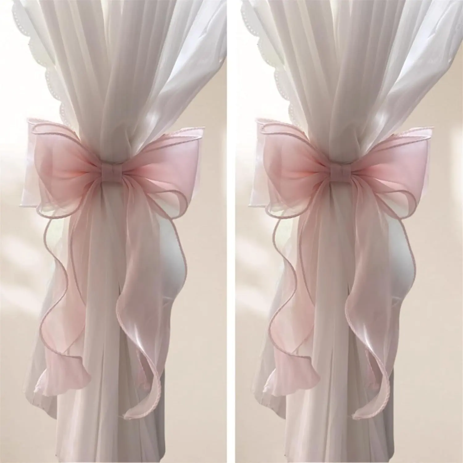2 Pack PInk French Silky Bow Curtain Tiebacks, Elegant Lace Ribbon for Curtains Decorative Rope Accessories Home Décor Decoration