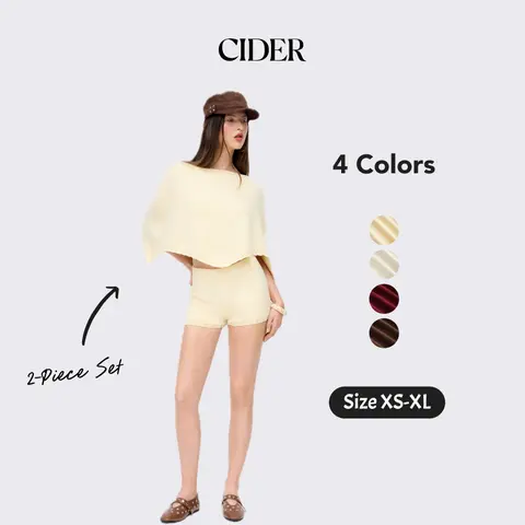 Cider 2-Piece Set Knit Boat Neck Cloak Top & Lettuce Trim Shorts Set Casual Womenswear