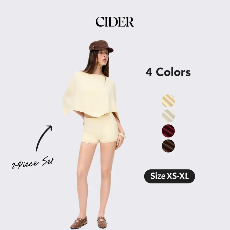 Cider 2-Piece Set Knit Boat Neck Cloak Top & Lettuce Trim Shorts Set Casual Womenswear