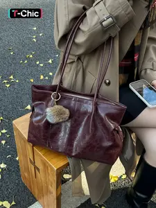 Women's PU Shoulder Tote Bag, Large Capacity Vintage Style, Faux Fur Ball Charm, Ideal for Commuting and Shopping, Perfect Gift, Handcrafted Bag, Fashionable Shoulder Bag, Handbag Shoulder Bag