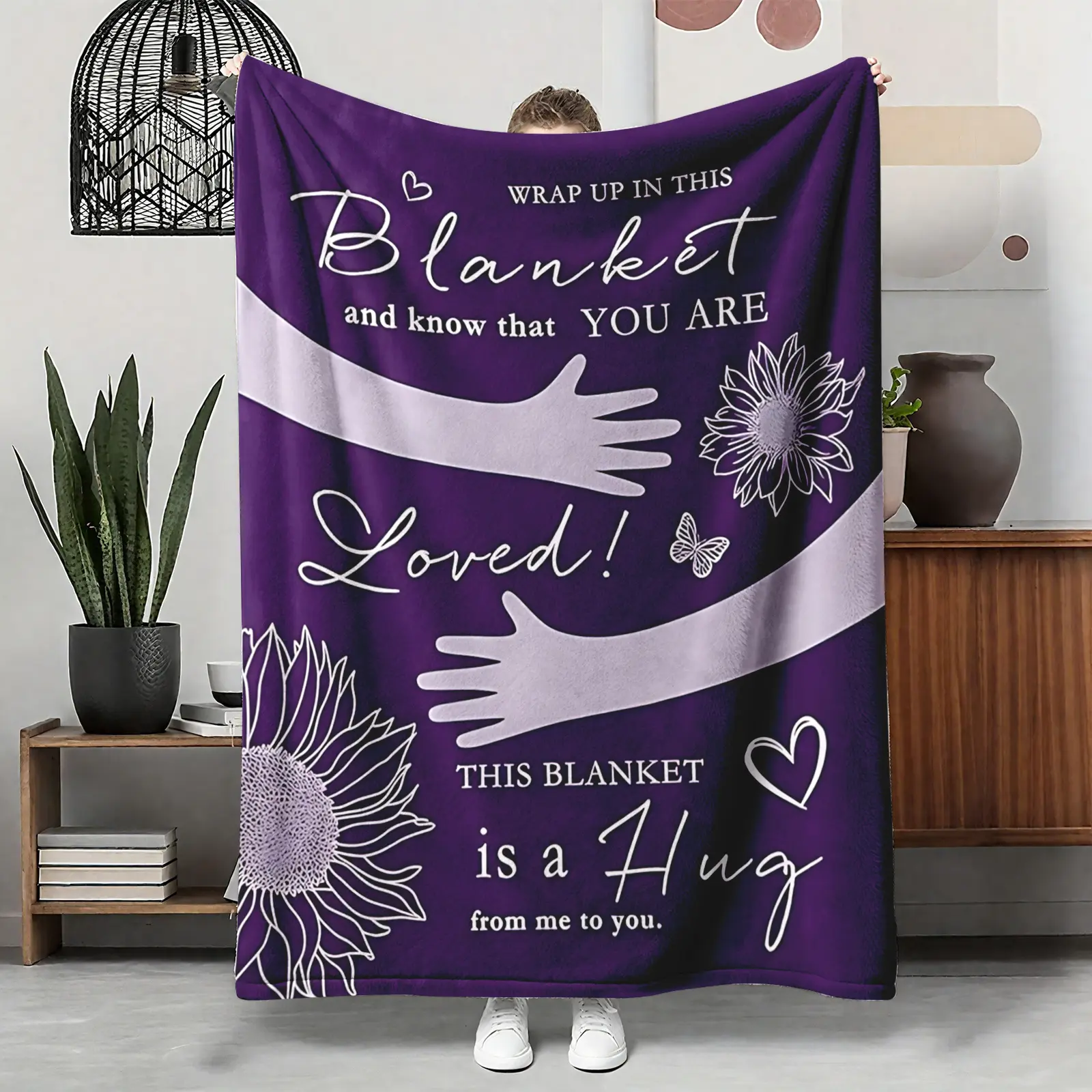 You Are Loved Flannel Blanket, 1 Count Hug From Me Purple Sunflower Soft Comfy Throw, This Blanket Is A Hug Design, Cozy Nap Blanket for Home Office Travel, Suitable for Sofa Bed Couch, Gift for Her Him Best Friends, Sentimental Keepsake Wall Decor