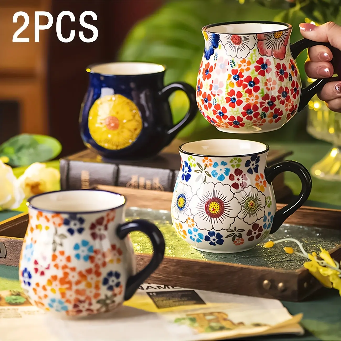 Ceramic Coffee Mug Set with Handles, 450ML Capacity, Hand-Painted Vintage Floral Design, Microwave & Dishwasher Safe, Home Office Restaurant Drinkware Cup, Handmade Ceramic Mug