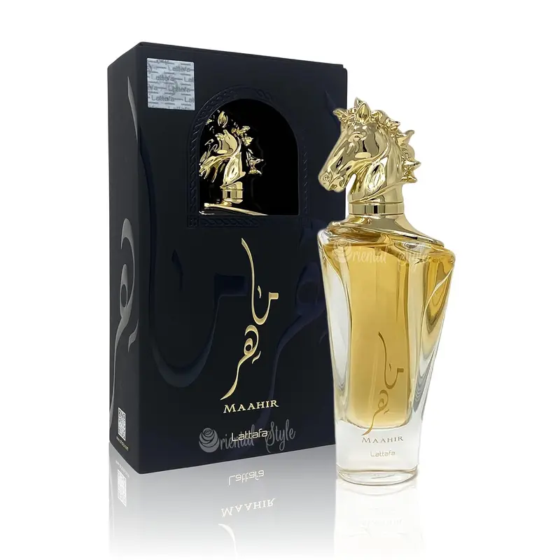 Lattafa Maahir Black Unisex Arabic Perfume Spray Bottle (3.4 fl oz) - Bold Floral Woody Amber Scent, Sweet Peach, Fresh Red Berries Notes, Musky Undertones, Fragrance That Starts With A, 60-Month Shelf Life, All-Season Unisex Beauty Fragrance for Adults