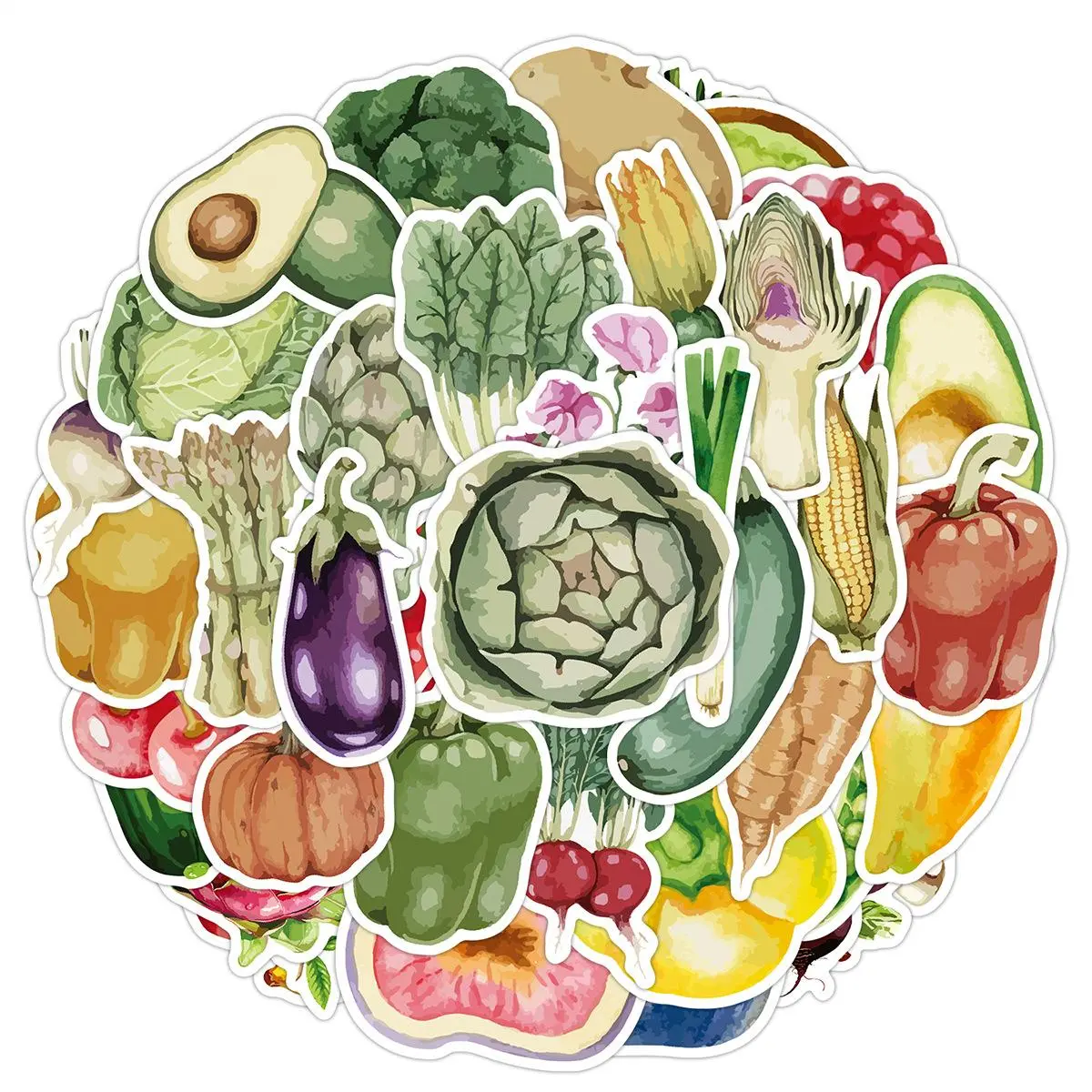 Fruit & Vegetable Pattern Sticker, 50pcs/set Watercolor Round Colorful Food Sticker, Decorative Sticker for Scrapbook, Stickers For Scrapbooking, Journal, Notebook, Laptop, Water Bottle, Art Stickers, Decal Sticker