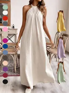 2026 Summer New Pure Solid Color Loose Fashion Halter Sleeveless Dress, European and American Style, Vacation Dress for Women, Cross-Border Trendy