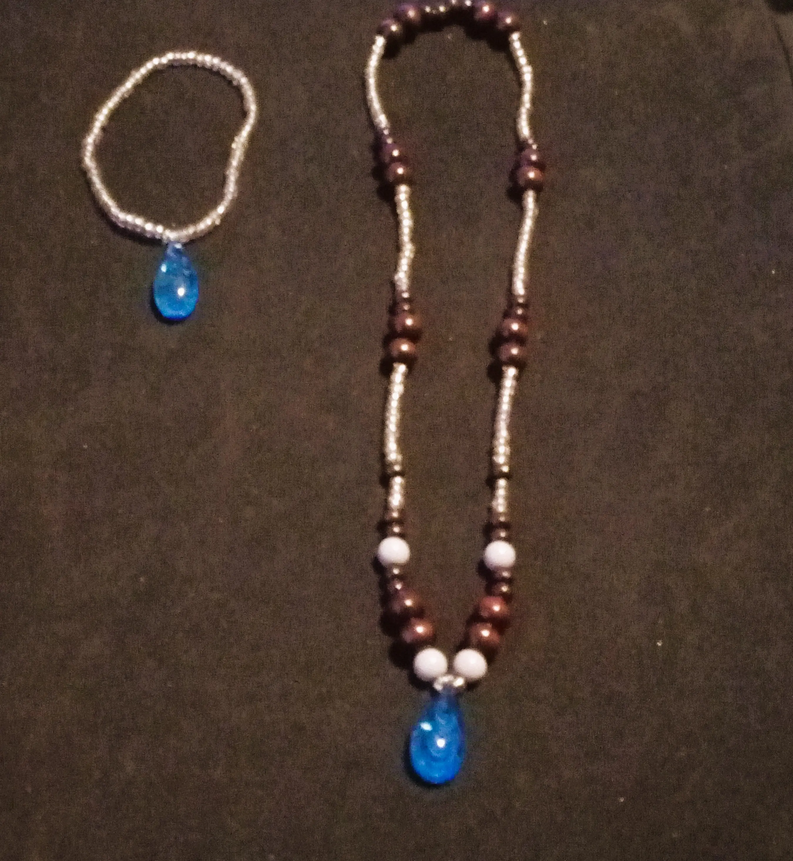 Raindrop Grounding Set - Includes Necklace with Blue Drop Pendant and Matching Bracelet with Beaded Design