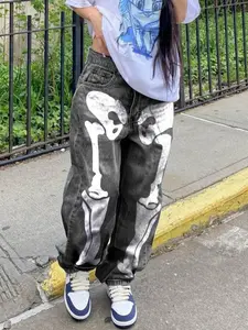 Hiphop Skull Print  Jeans, Wide Leg Y2K Streetwear Baggy Jeans, Retro Denim Pants, Alt Pants, Y2K Pants, Street Hip Hop Retro Casual Big Pocket Oversized Jeans,