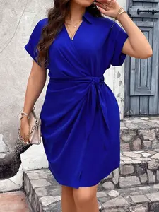 Plus Solid Batwing Sleeve Wrap Knot Side Dress