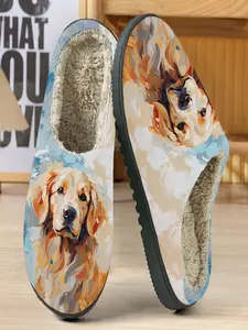 Impressionist Golden Retriever Cotton Slippers Footwear, Plush Lining Warm Comfort, Fur Blue Background, Home Essential Cozy Item, Indoor Slipper