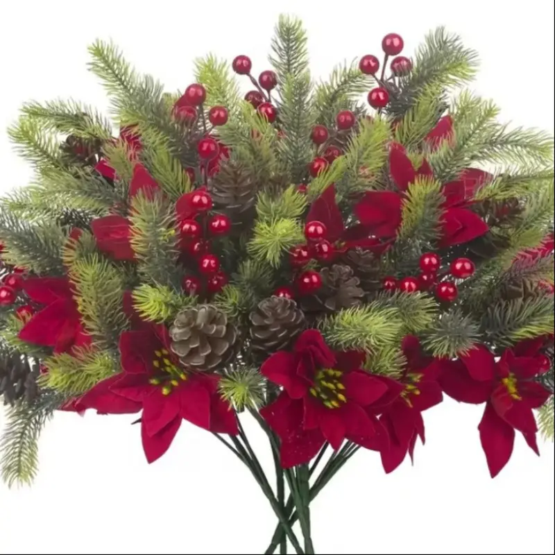 4PCS Artificial Flowers Bouquet Artificial Cypress Boxwood Christmas Floral Pine Cones Red Fake Berry Picks Stems Holly Holiday Floral Picks for Xmas Tree Party Decoration DIY Indoor Table Centerpieces