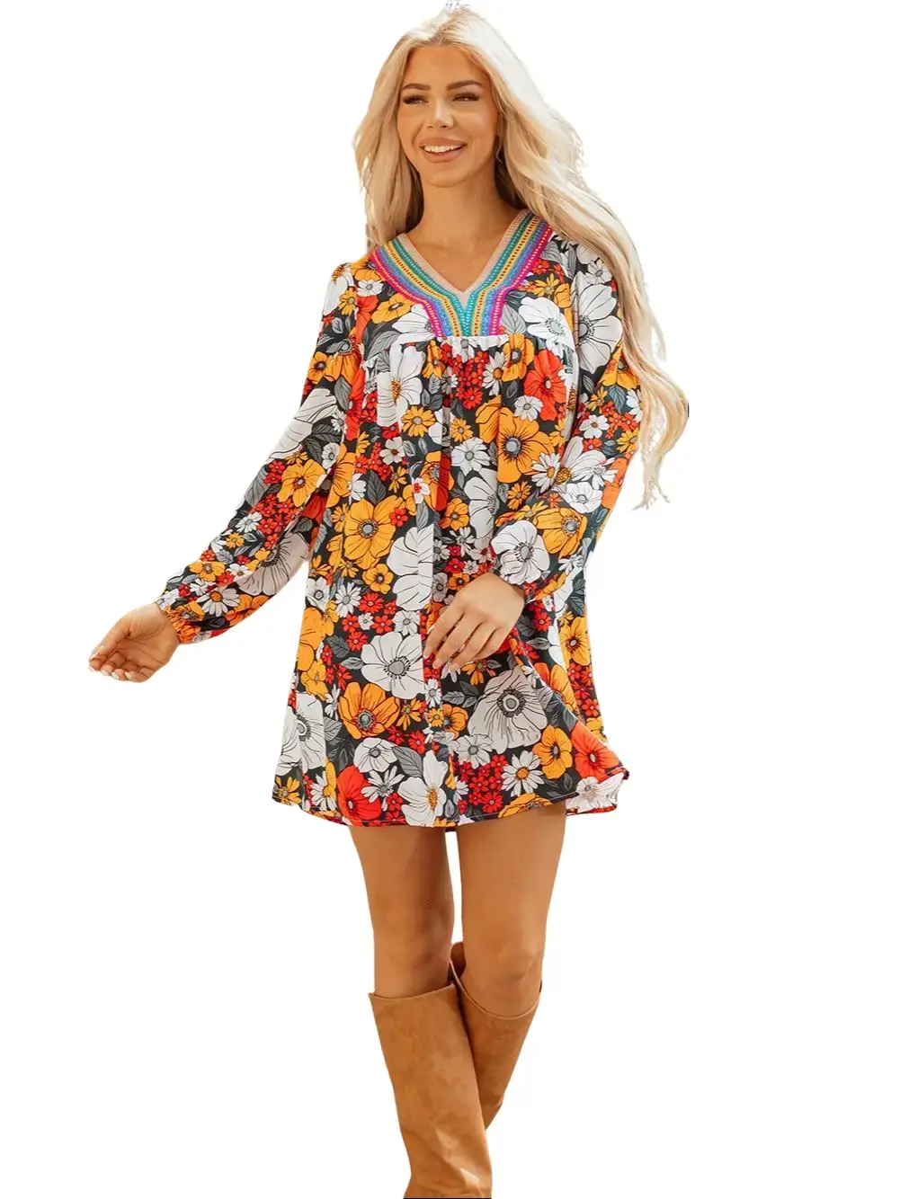 PHEFEE Women's Boho Floral Print Mini Dress V Neck Long Puff Sleeve High Waist Flowy Short Dresses with Pockets Vacation Shift Dress