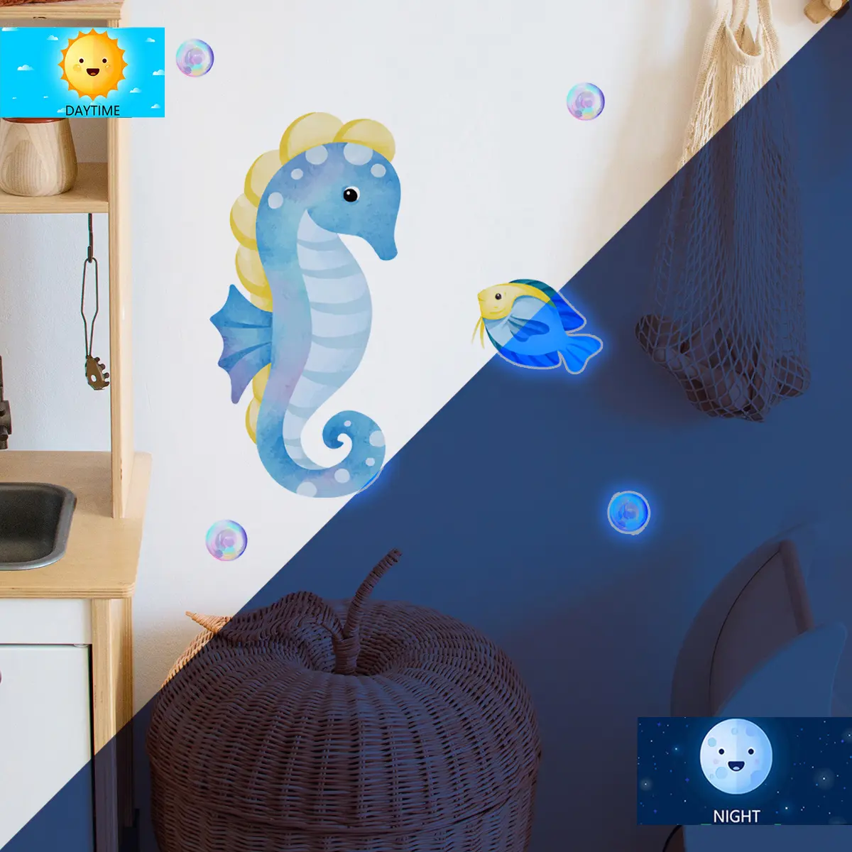 1 Pc 20×30cm Seahorse, Fish & Bubble Ocean Theme Wall Sticker with Blue Light Effect for Living Room Bedroom Home Background Wall Decor