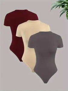 Women's Solid Round Neck Bodysuit, Casual Slim-fitting Short Sleeve Bodysuit for Summer, Ladies Clothes for Daily Wear