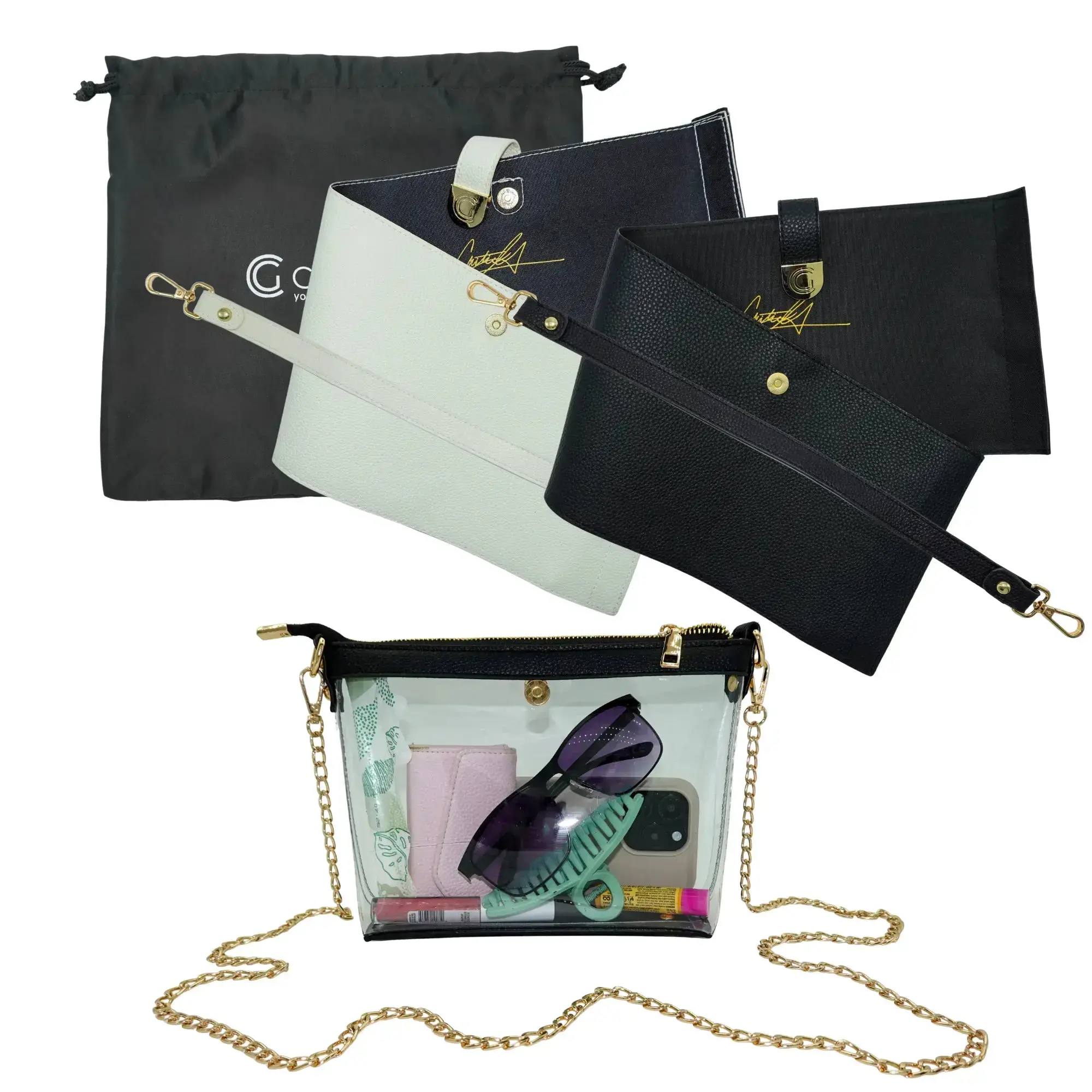 Bundle: Signature Clear Bag, Black Pebble Wrap & Strap, Ivory Pebble Wrap & Strap