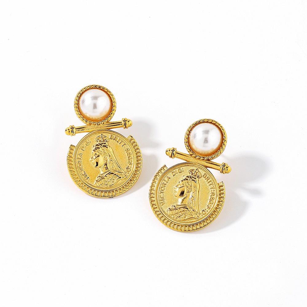 Vintage Gold Coin Earrings for Women, 18K Gold Plated Stainless Steel Pearl Stud Earrings, Hypoallergenic Retro Ins Style Dangle Earring, Non-Fade Daily Wear Jewelry