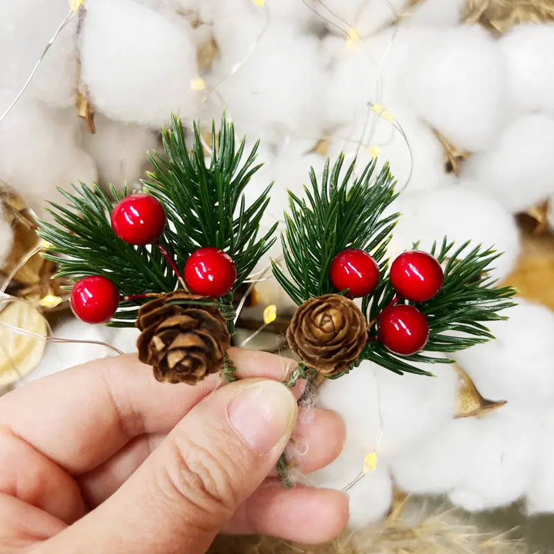 24 Artificial Pine Needle Decorations with Berries and Plastic Cones, American Style Christmas Garland Making Supplies