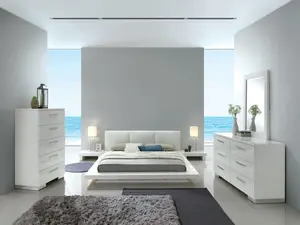 Malmö Modern Low-Profile Platform Bed – White Upholstered Headboard, Contemporary Floating Design