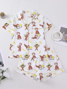 Women's Monkey Banana Print Sleepwear Set, Comfortable Short Sleeve Button Shirt & Loose Elastic Shorts, Fashion Casual Home Wear