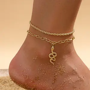 Female 2-Piece Alloy Anklet Set, Twist Design, Snake Motif Animal Shape Double Circle Pendant Fashion Costume Jewelry Accessory