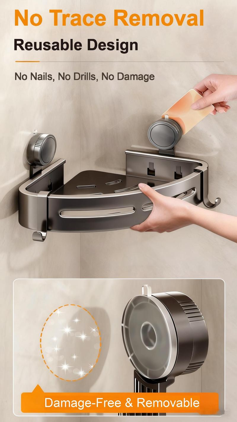 2026 upgraded new model-3-Pack Gun Gray Plastic Triangle Suction Cup ShowerCaddy 3-Tier Corner Shelves NoDrilling Bathroom Storage Rack 40lbs LoadCapacity with 6 Towel Bar Hooks(home essentials,bathroom accessories)