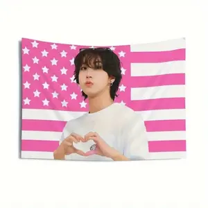 1pc of Han Jisung "Finger Heart" Tapestry Featuring a Pink American Flag Design with a Young Man Making a Heart Gesture, Made of Durable Polyester, Measuring 3X5 Feet, Ideal for Stray Fans And As a Celebratory Art Piece