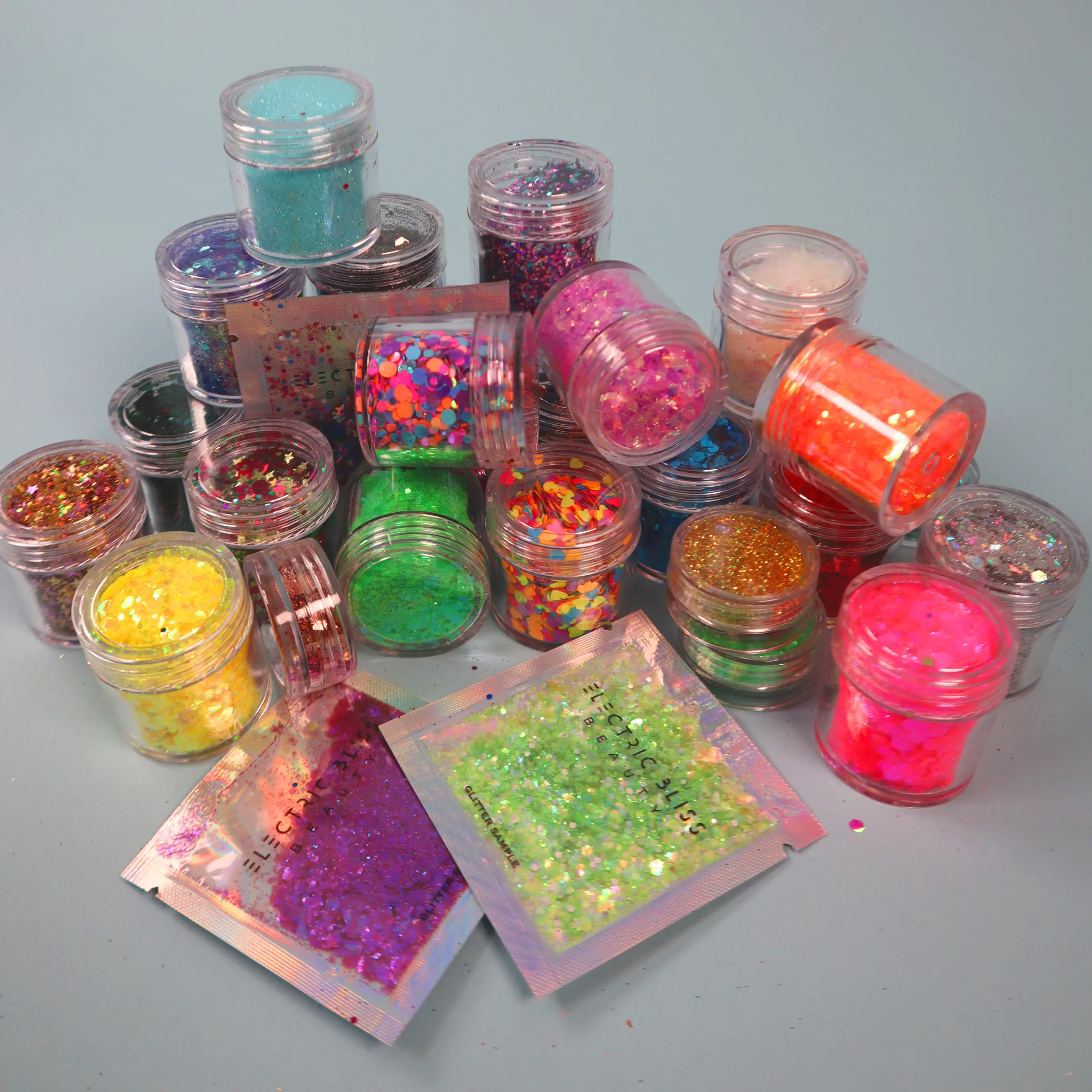 25PC - GLITTER & CLAY PIECE JARS - Holographic Craft Glitter - Bright Colorful Mix Chunky Body Face Glitter Bulk Cosmetic Grade for Rave Makeup Festivals Halloween Tumblers Resin Crafting Candle Making Body Nail Glitter