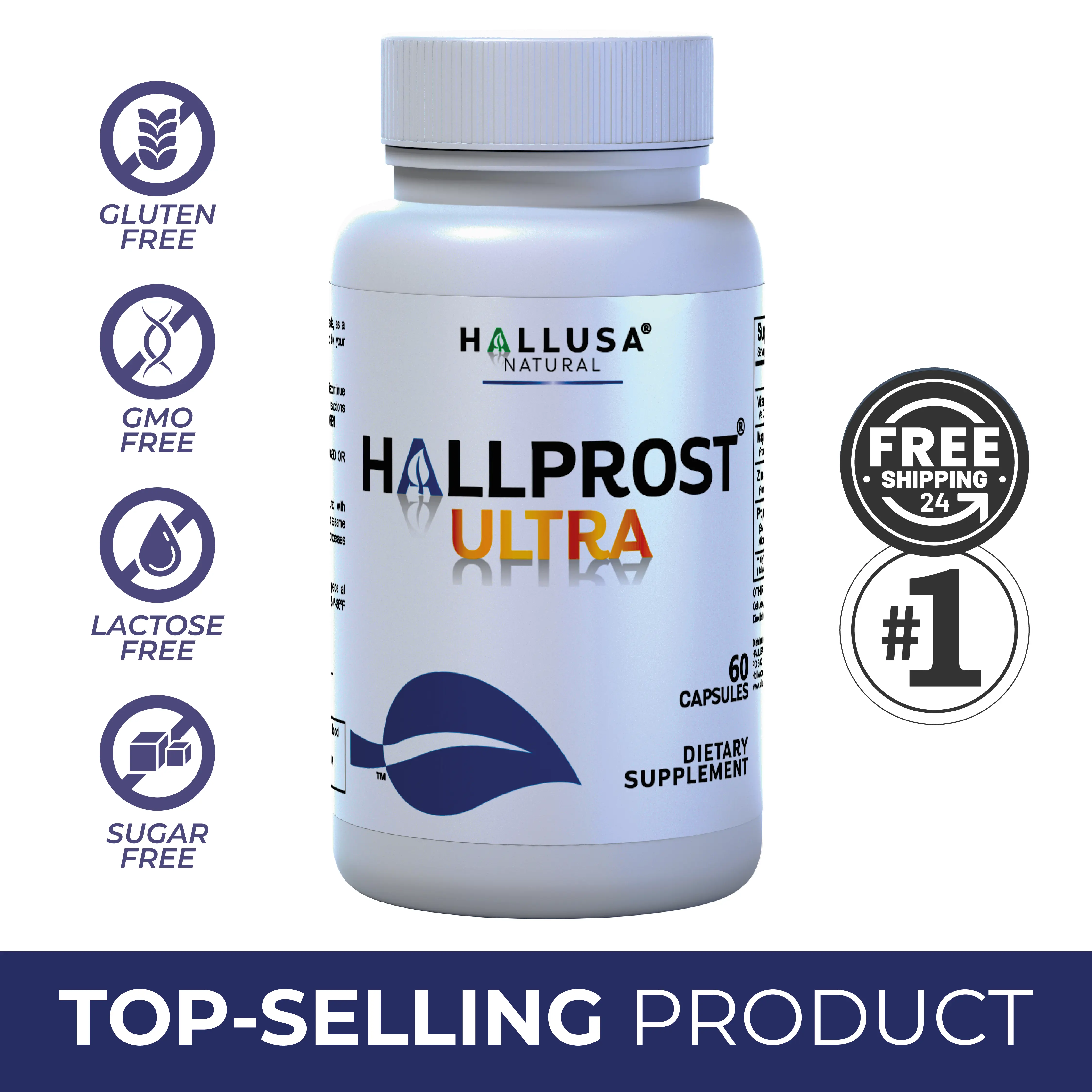 HALLUSA NATURAL HALLPROST ULTRA Prostate Support Complex Healthcare Supplement, 1 Bottle (60 Capsules) - Vitamin, Organic Natural Ingredients, Magnesium, Saw Palmetto, Urinary Incontinence Relief, Gluten-Free, GMO-Free Dietary Formula
