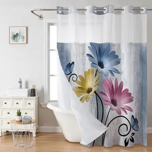 No hooks double-layer shower curtain, Daisy printed waterproof fabric, retro country style home decoration, hotel, dormitory and bathroom accessories, 72x75in