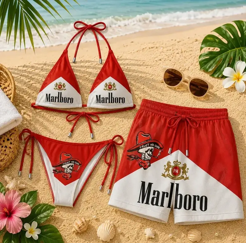 2026 Marlboro Desert Cowboy Matching Couple Swimwear Set, Vintage Western Bikini & Men's Swim Trunks for Beach Vacation