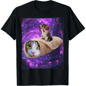 Cute Space Cat Riding A Burrito Cat In Outer Space T-Shirt
