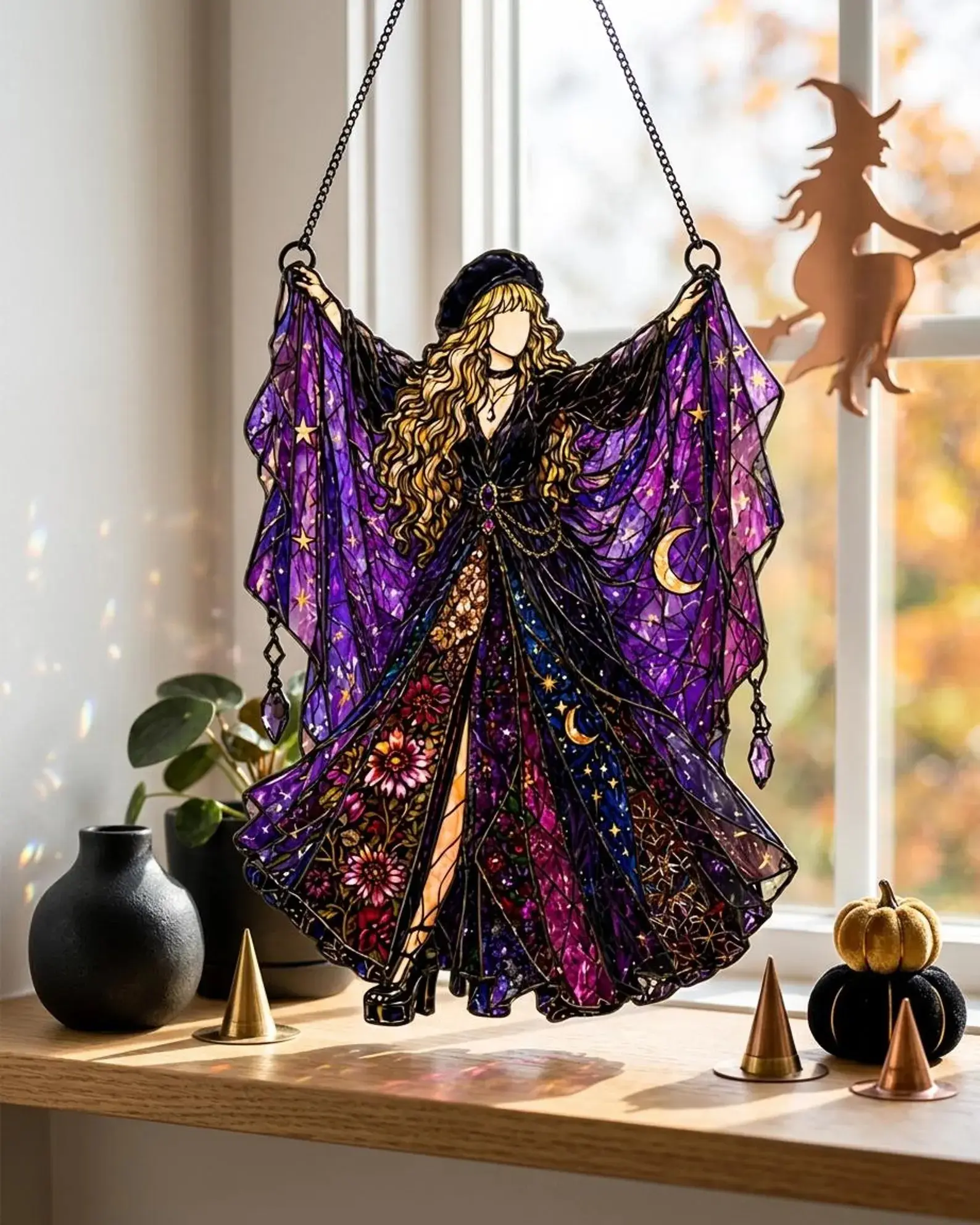 Stevie Nicks Acrylic Suncatcher, Fleetwood Mac Inspired Faux Stained Glass Art, Celestial Witch Suncatcher, Mystical Moon Goddess Window Hanging, Purple Boho Witch Ornamentift