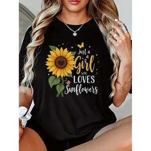 Women'S Black Sunflower & Butterfly Graphic T-Shirt - 100% Casual Short Sleeve Crewneck Top with  Just a Who Loves Sunflowers  Quote, Vibrant Yellow Floral Print & Green Foliage Design, Relaxed F