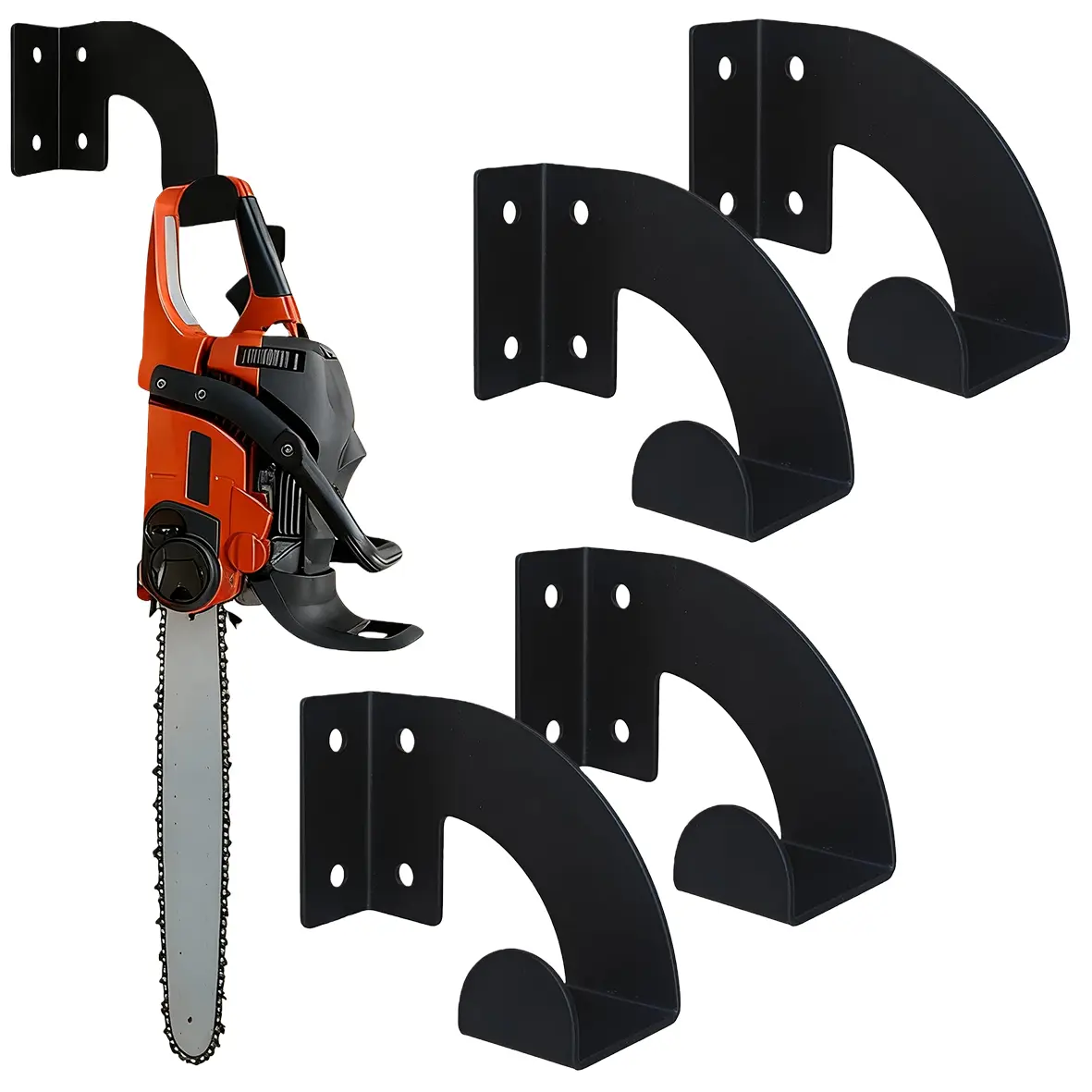 4pcs Heavy-Duty Metal Alloy Steel Wall-Mounted Chainsaw Hook Brackets - 2mm/0.08in Thick, Adjustable Tool Caddy, Flexible Mounts, Universal Hook Tool Racks & Bars, Fits 95% of Chainsaw Models for Workshop, Garage
