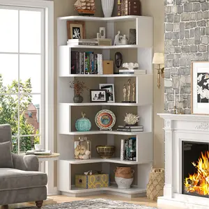 Armocity Corner Book Shelf, 7-Shelf Corner Bookshelf Etagere Bookcase with Baffle, Freestanding L Shaped Display Shelf for Home Office, Living Room