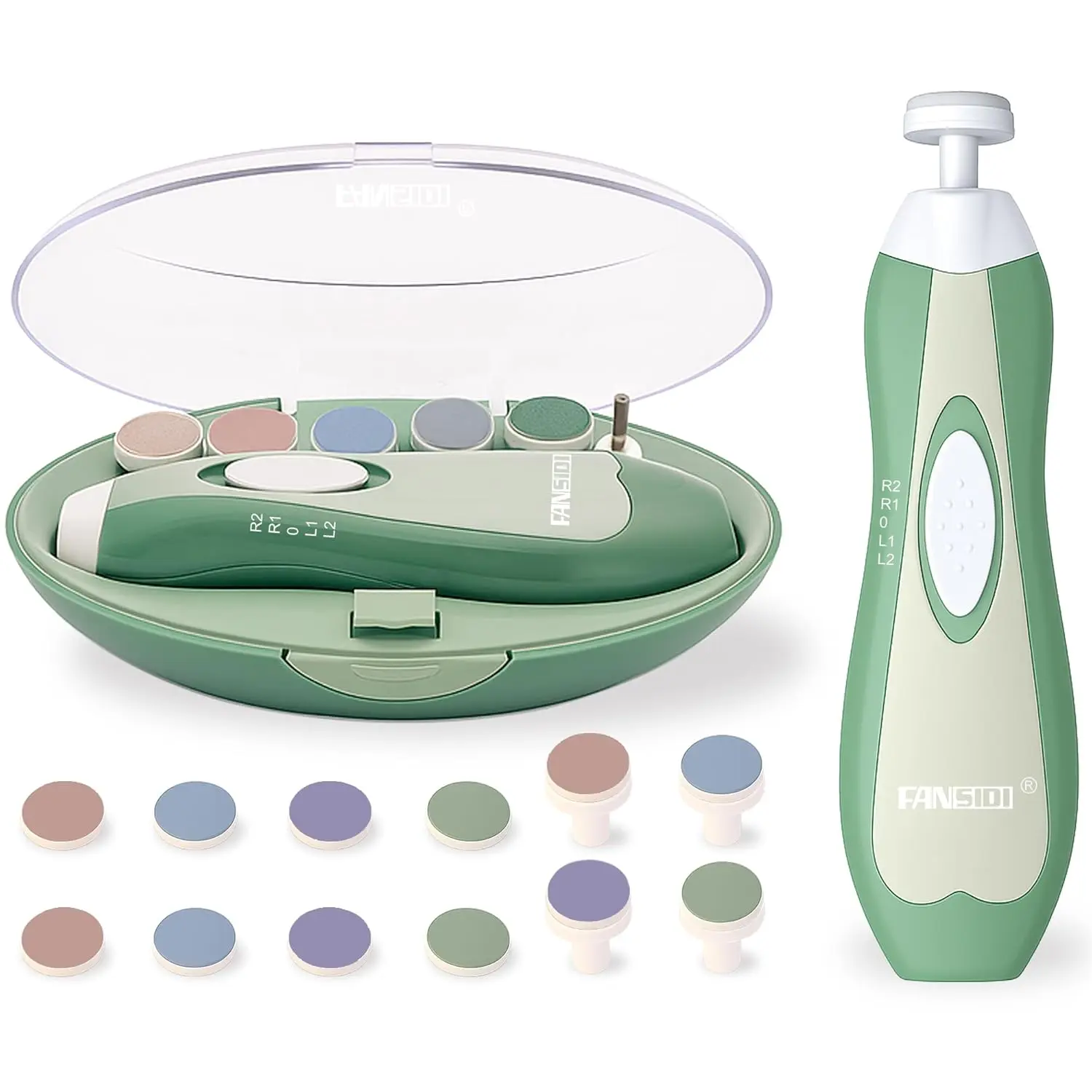 Fansidi Unisex Compact Electric Baby Nail Trimmer, Ergo Handle Quiet Motor, Safe 4-Stage Grinding Heads, LED Light, 18-Piece Kit, Whisper-Quiet Nighttime Use, Forest Green Baby Shower Gift for Newborn-Toddler