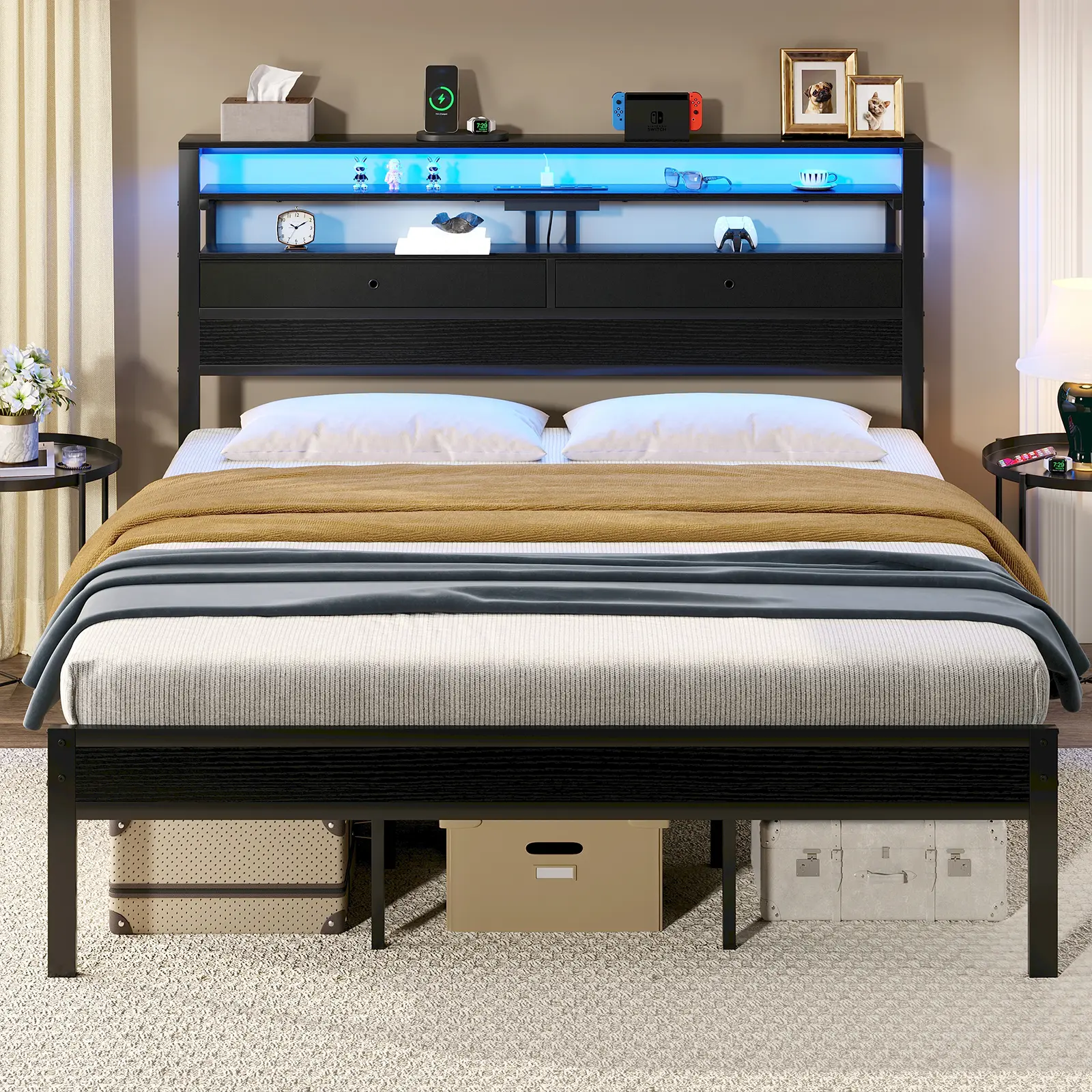 Sweetcrispy S - Bed Frames with LED Lights and Charging Station, Platform Bedframe with Storage Drawers, 3-Tier Shelves and Under Bed Storage, No Box Spring Needed Beds for Bedroom Furniture