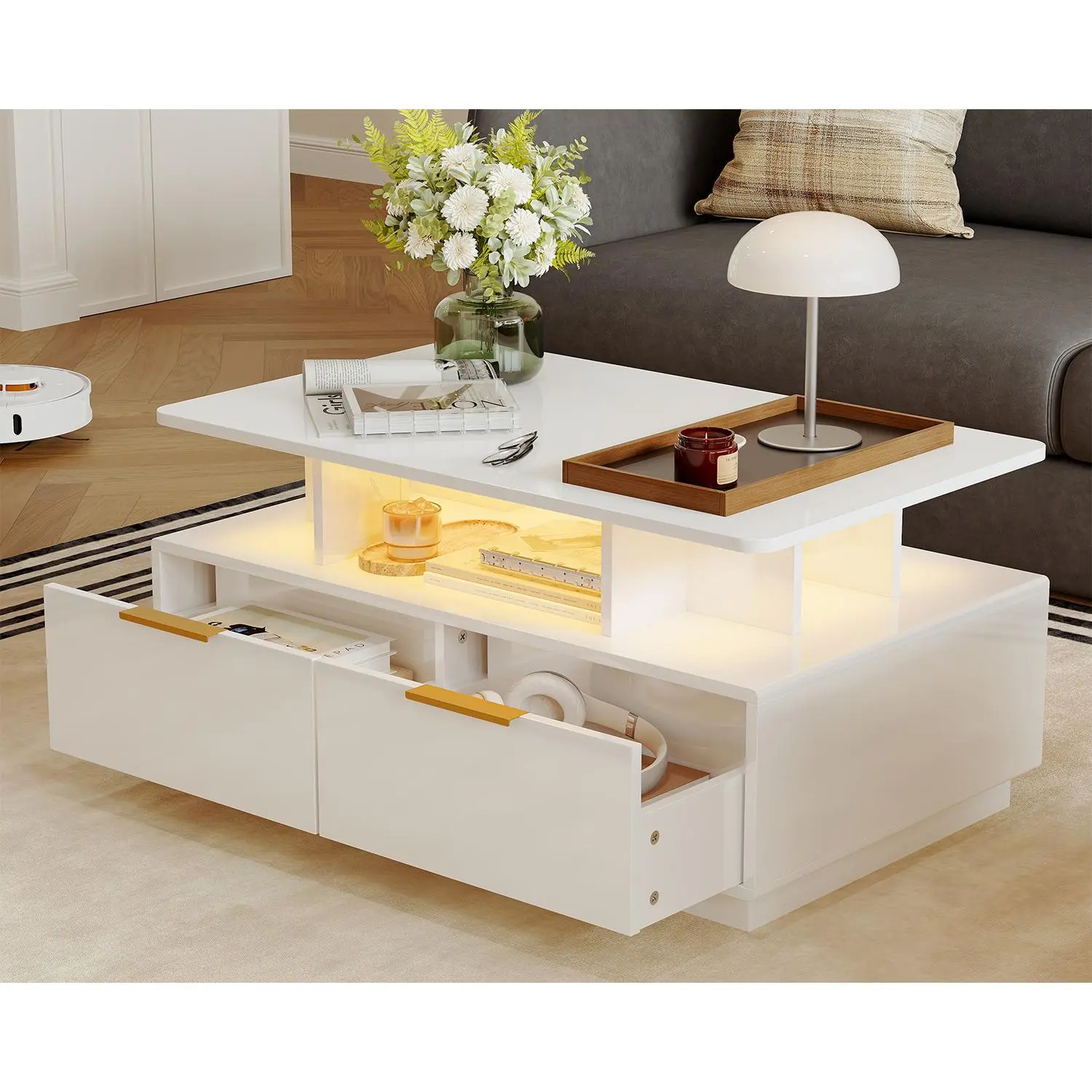 LED Coffee Table with Storage, 35 Inch High Gloss Center Table with Adjustable Color-Changing Lights, Modern Rectangular Coffee Table for Living Room, Sofa Table
